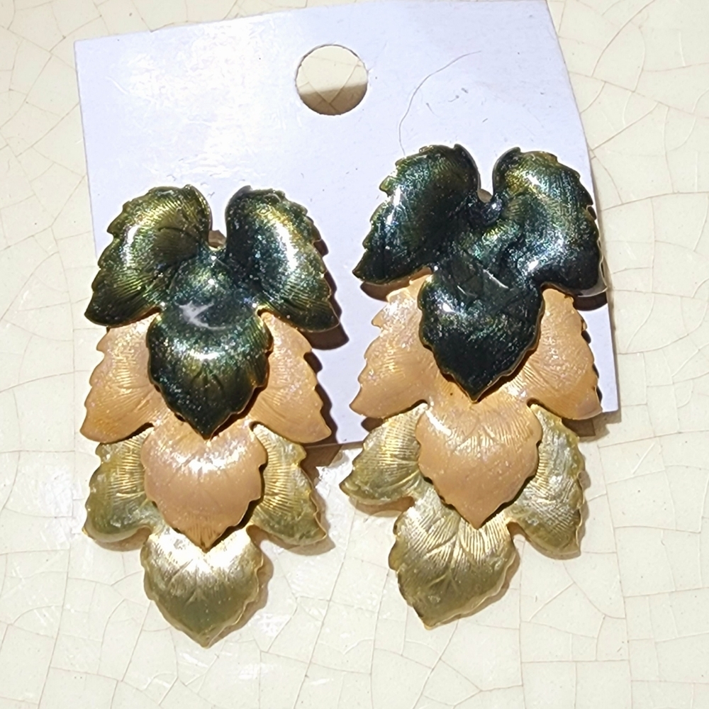 Cascading green, taupe and gold leaf earrings